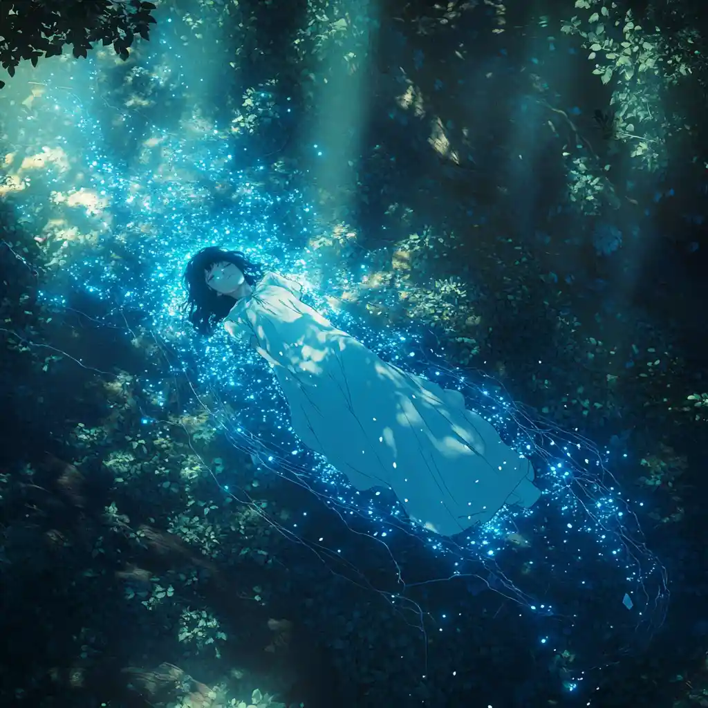 Girl And Glowing Soul Above Forest Floor At Dawn
