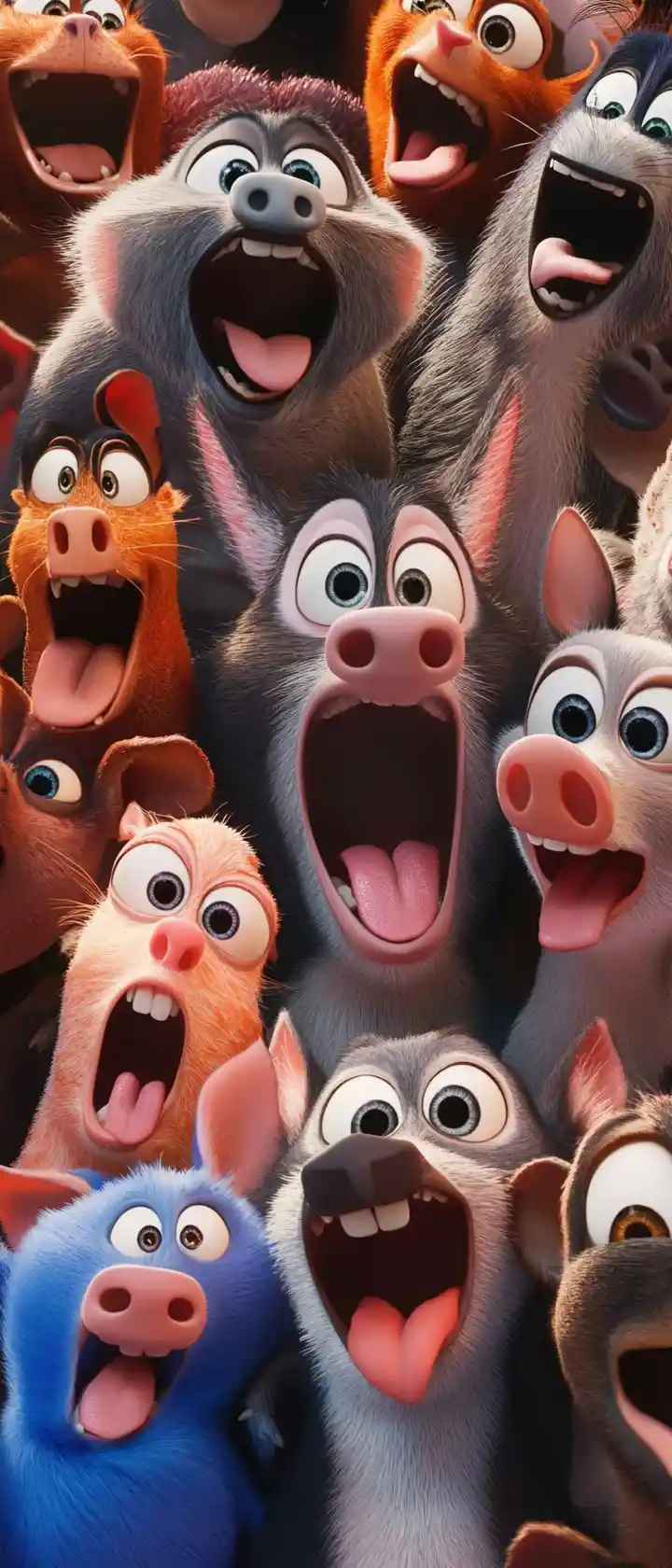 Animais de desenho animado fazendo caretas para a câmera
