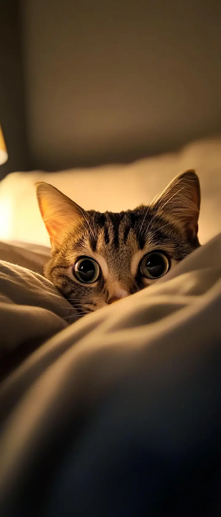 Curious cat peeking over bed from under cozy covers