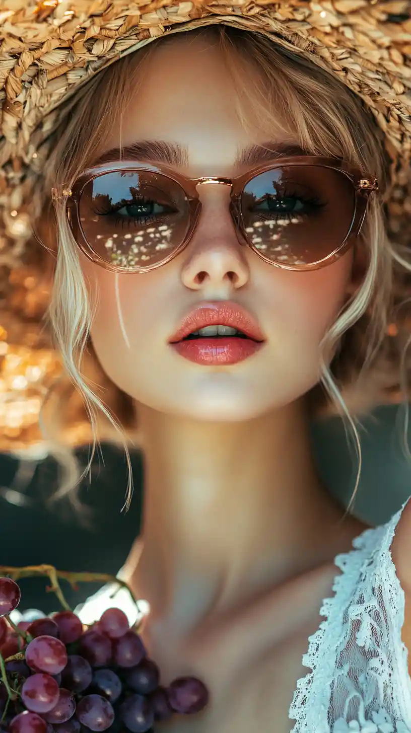 Close up portrait of a young woman with grapes