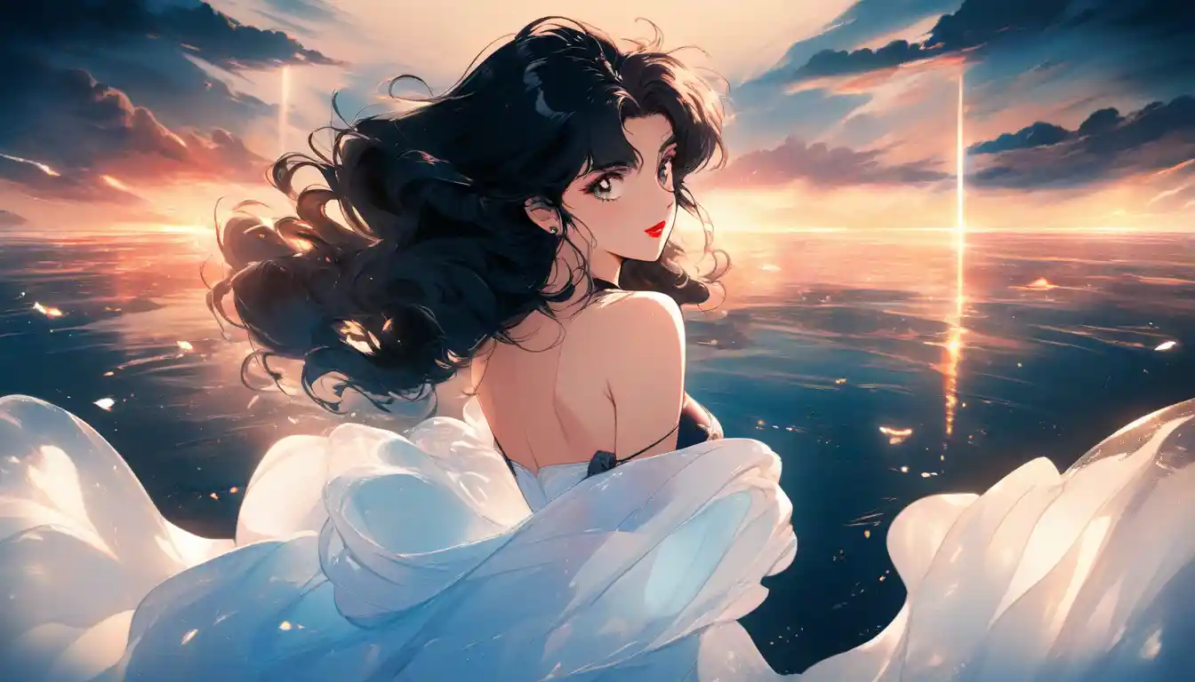Retro anime girl at glowing seaside sunset
