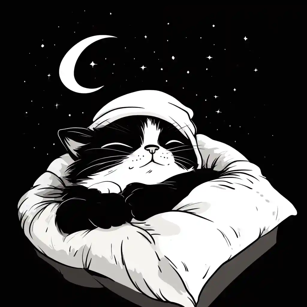 Cartoon black and white cat sleeping under a crescent moon