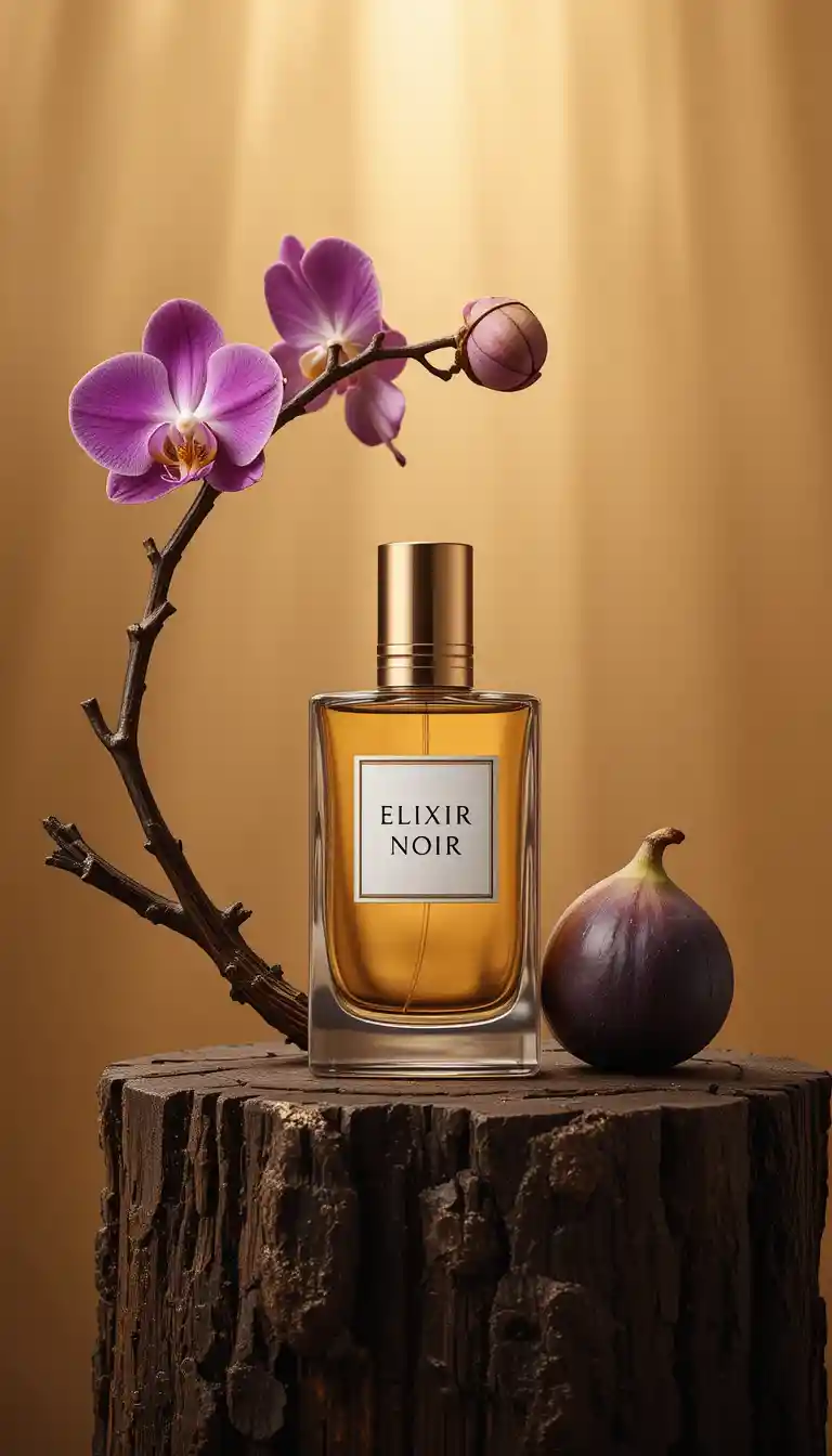 Elegant perfume bottle with orchid and fig on wood