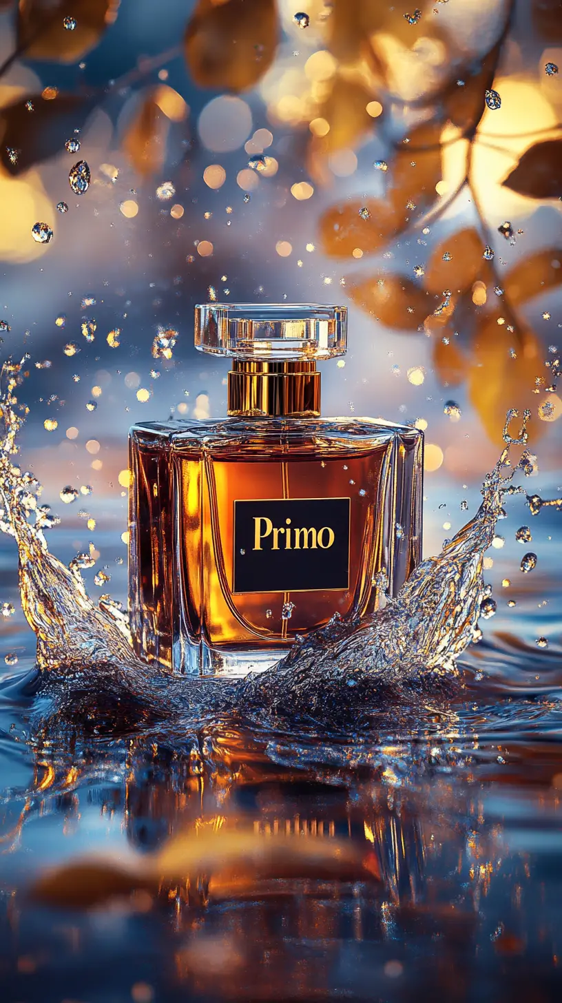 Amber perfume bottle on splashing water with golden leaves