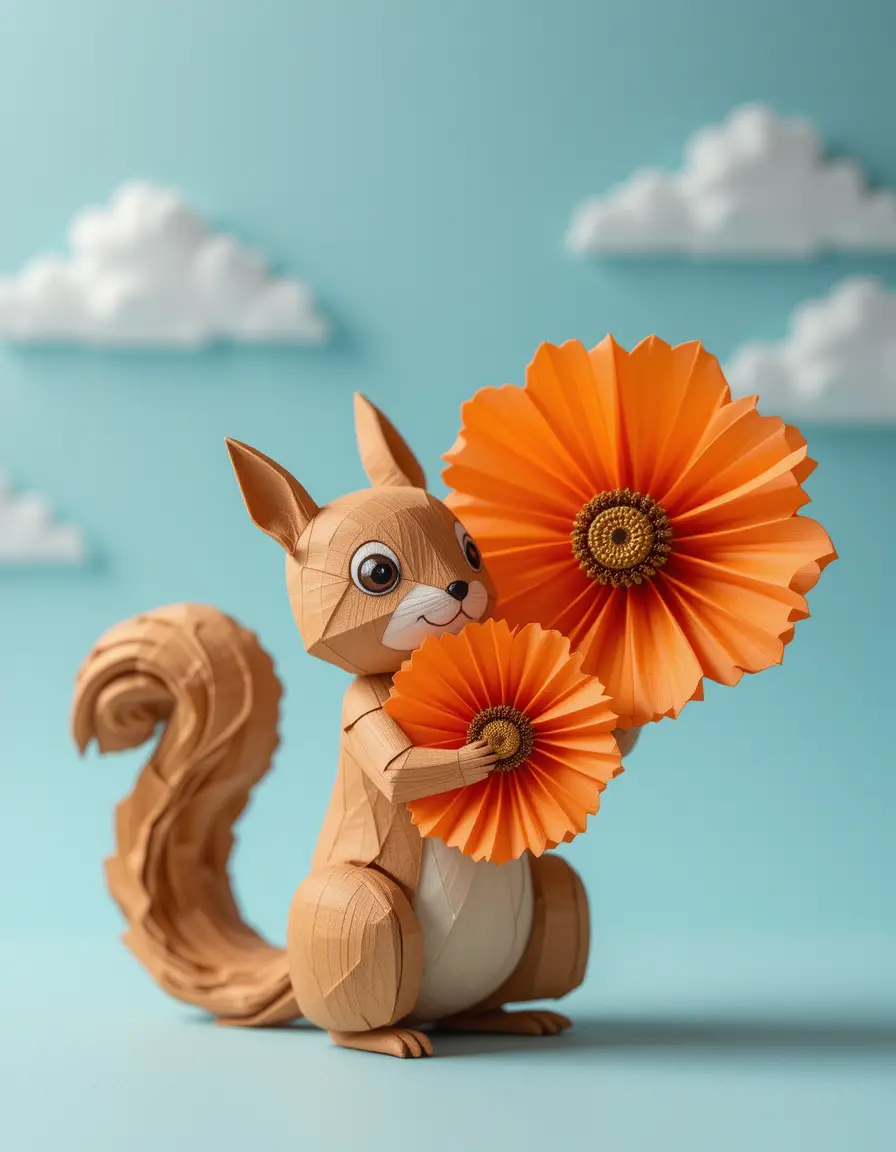 Origami squirrel hugging a bright orange poppy flower