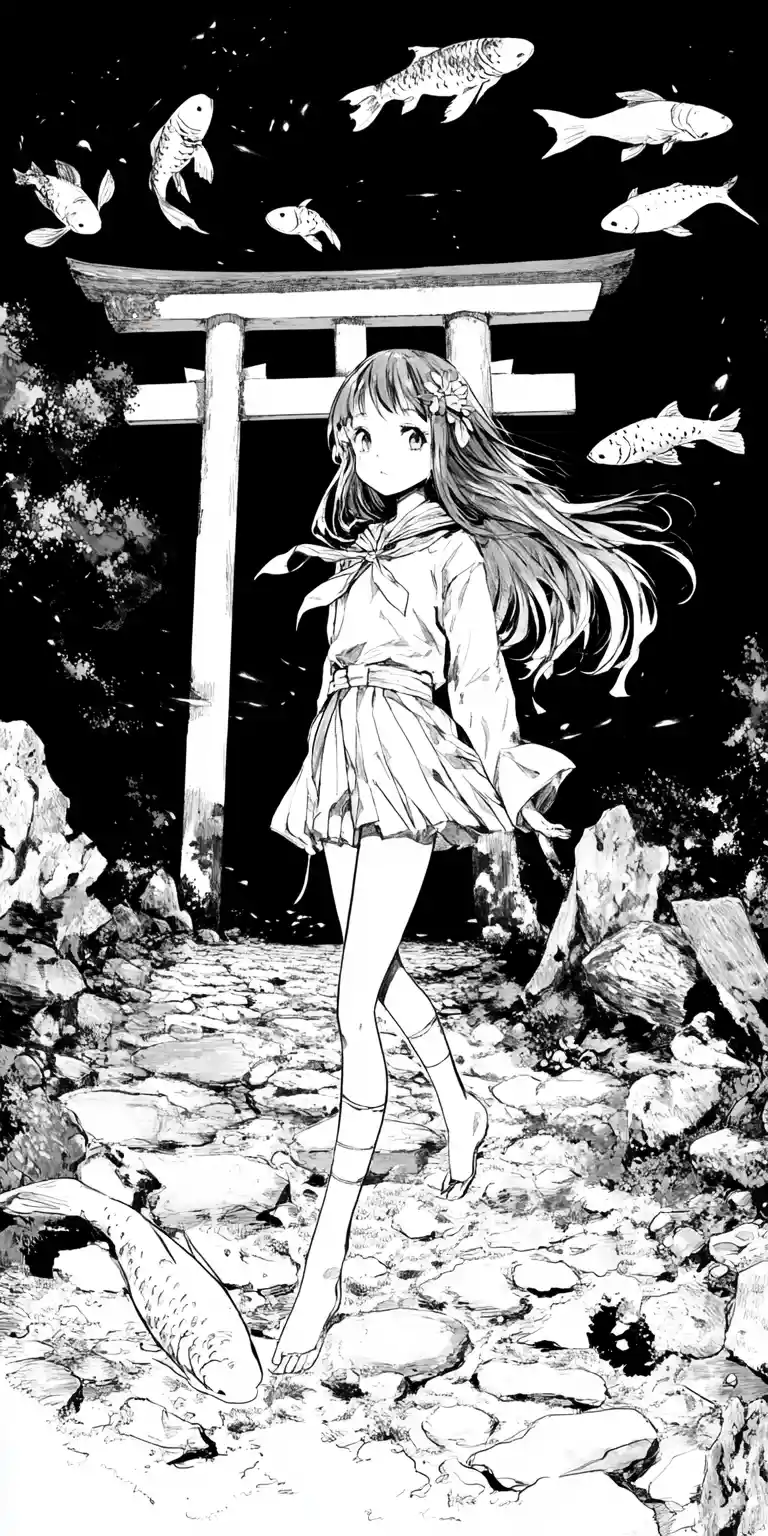 Anime girl in kimono with koi fish at shrine