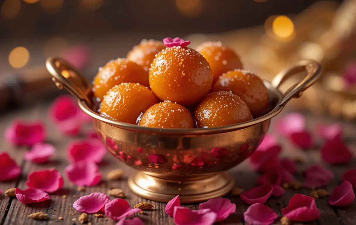 Warm gulab jamun dessert in copper bowl with syrup