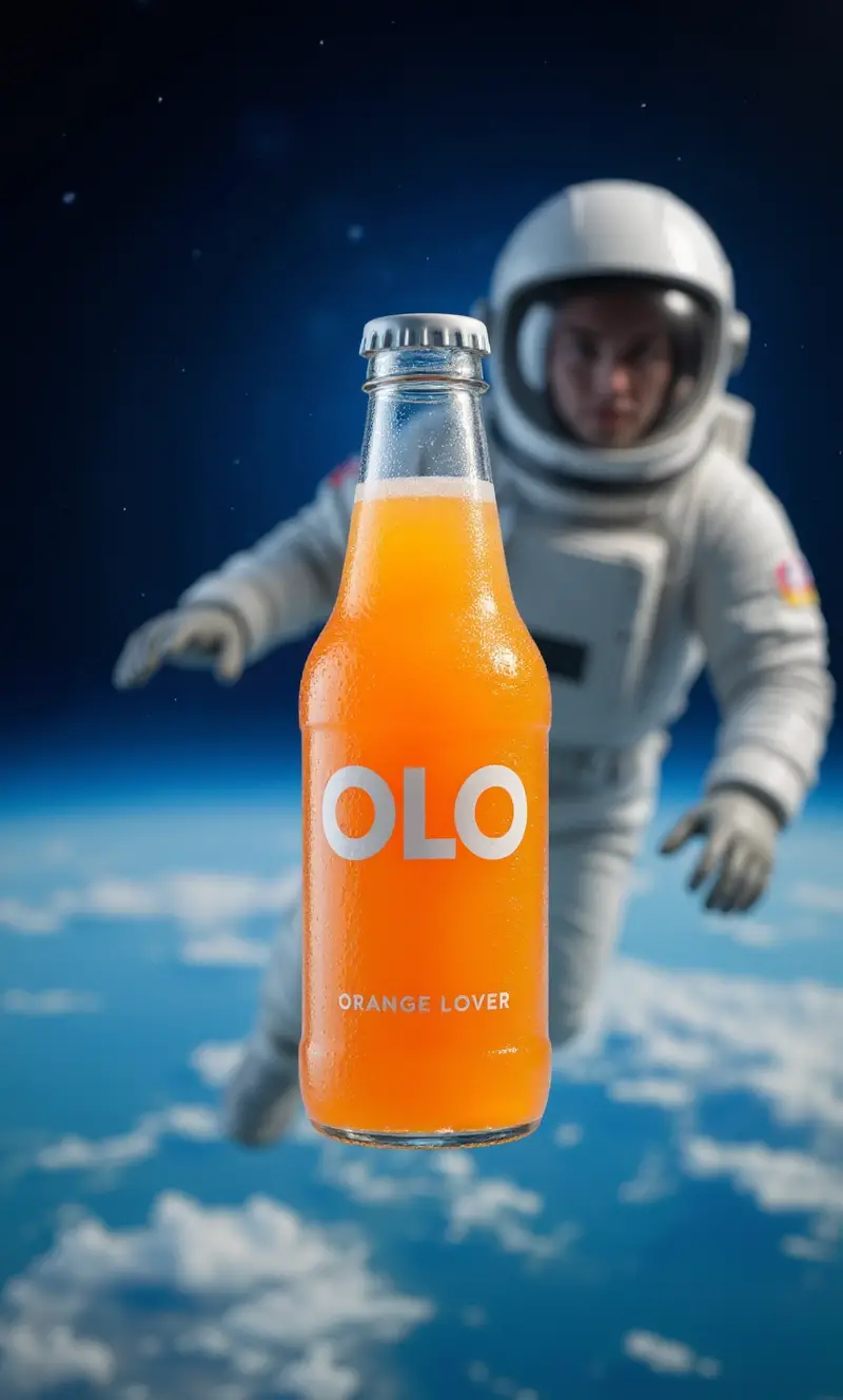 Orange drink bottle floating in weightless outer space