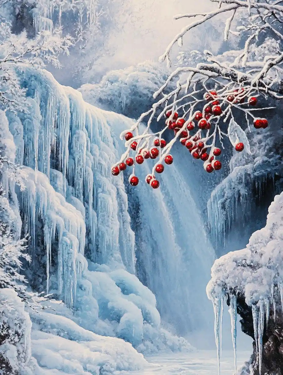 Frozen Winter Waterfall With Frosted Branch And Red Berries