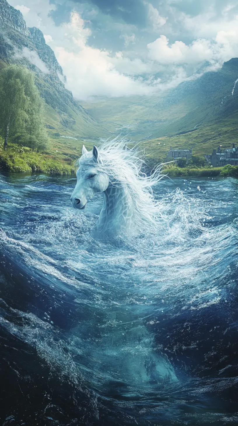 Mythical kelpie water spirit emerging from a dark loch