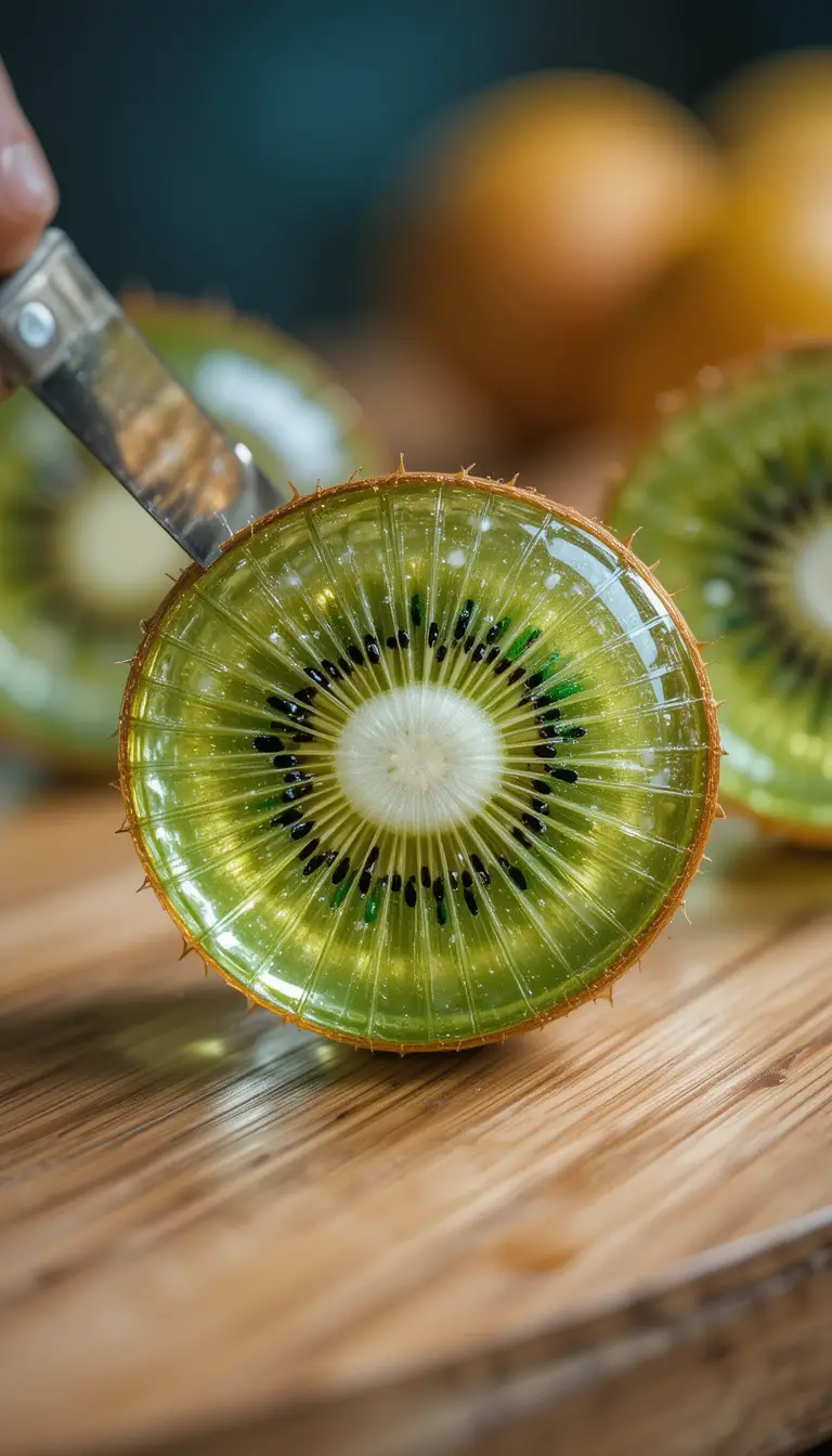 Macro photograph of glass fruits on a wooden table