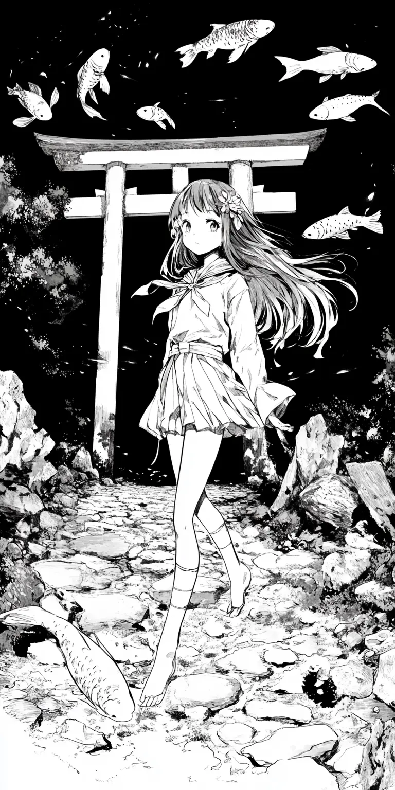 Anime girl in kimono with koi fish at shrine