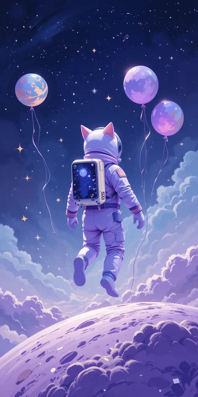 Whimsical cat astronaut floating above a pastel planet