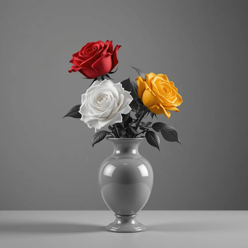 Colorful roses in grayscale 3d vase composition