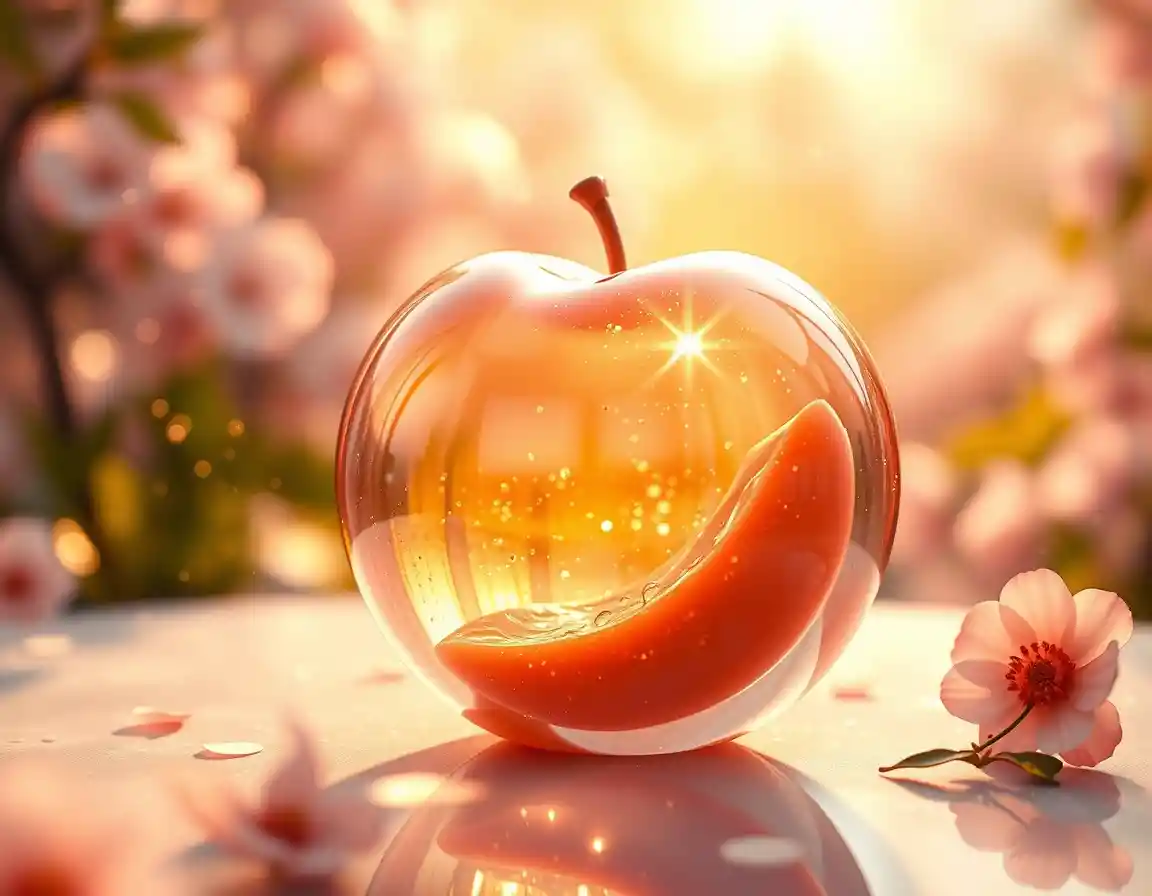 Glass Peach In Sunlit Garden With Sparkling Particles