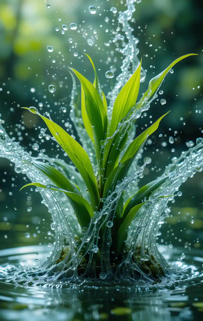 Close up aquatic plant with dynamic splashing water