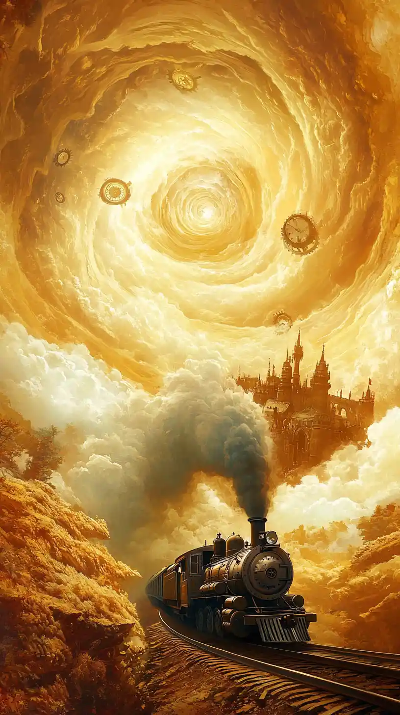 Surreal train entering swirling vortex of floating clocks
