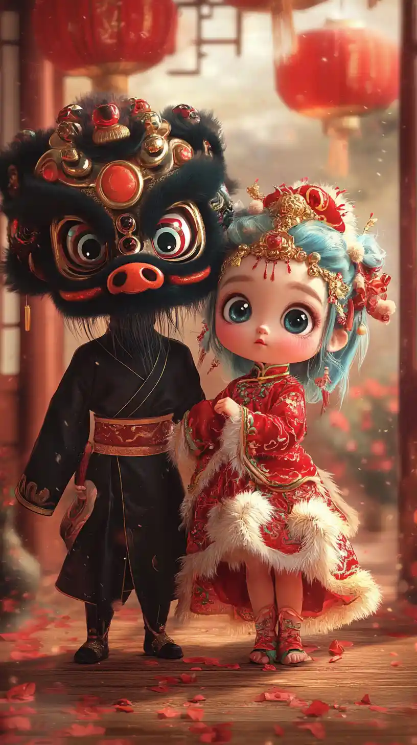 花園裡身穿紅色舞獅服的微肉感魔法少女