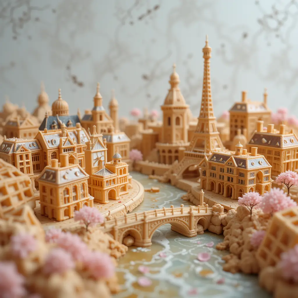 Whimsical Waffle Parisian City With Syrup River Scene