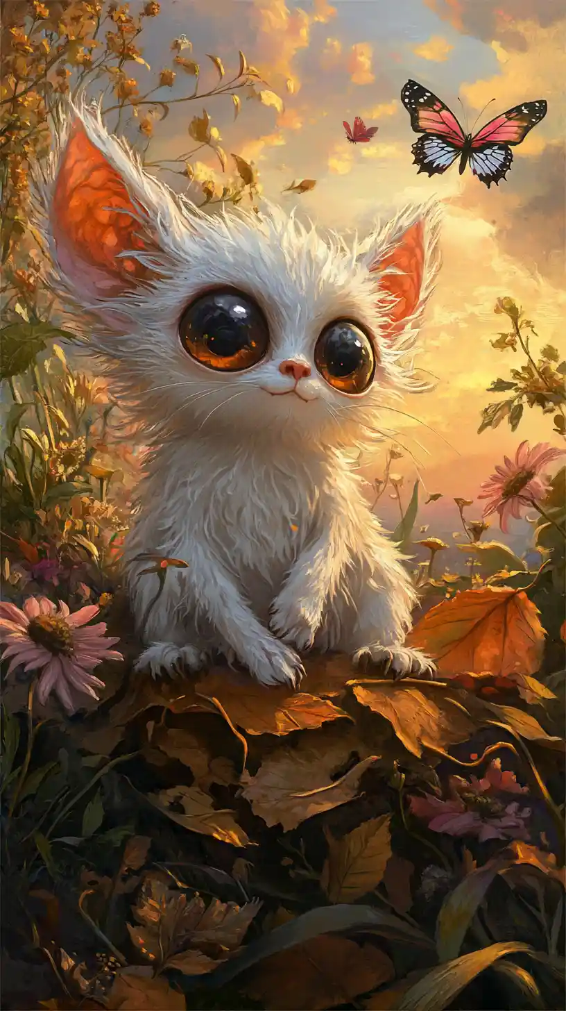 Whimsical white gremlin in a summer wildflower meadow