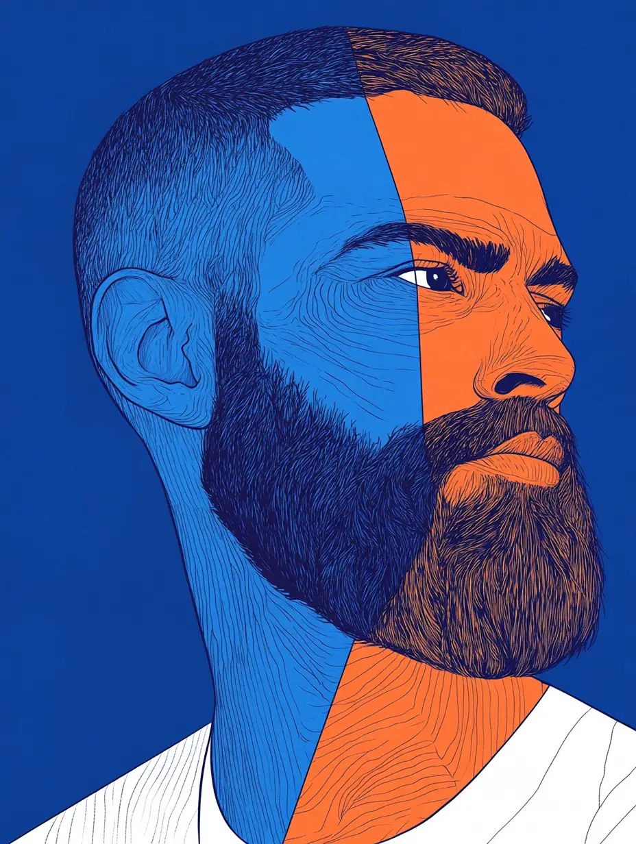 Geometric portrait of a bearded man in blue and orange