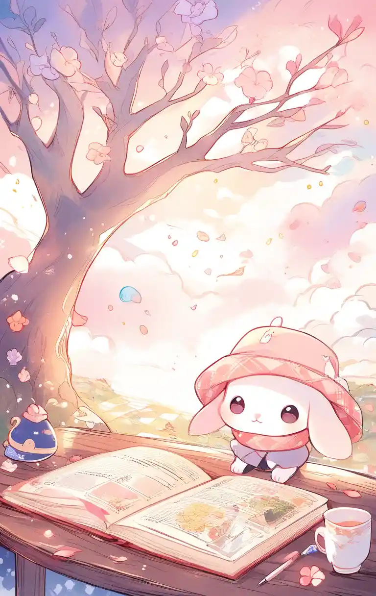 Baby rabbit on picnic cloth in dreamy garden illustration