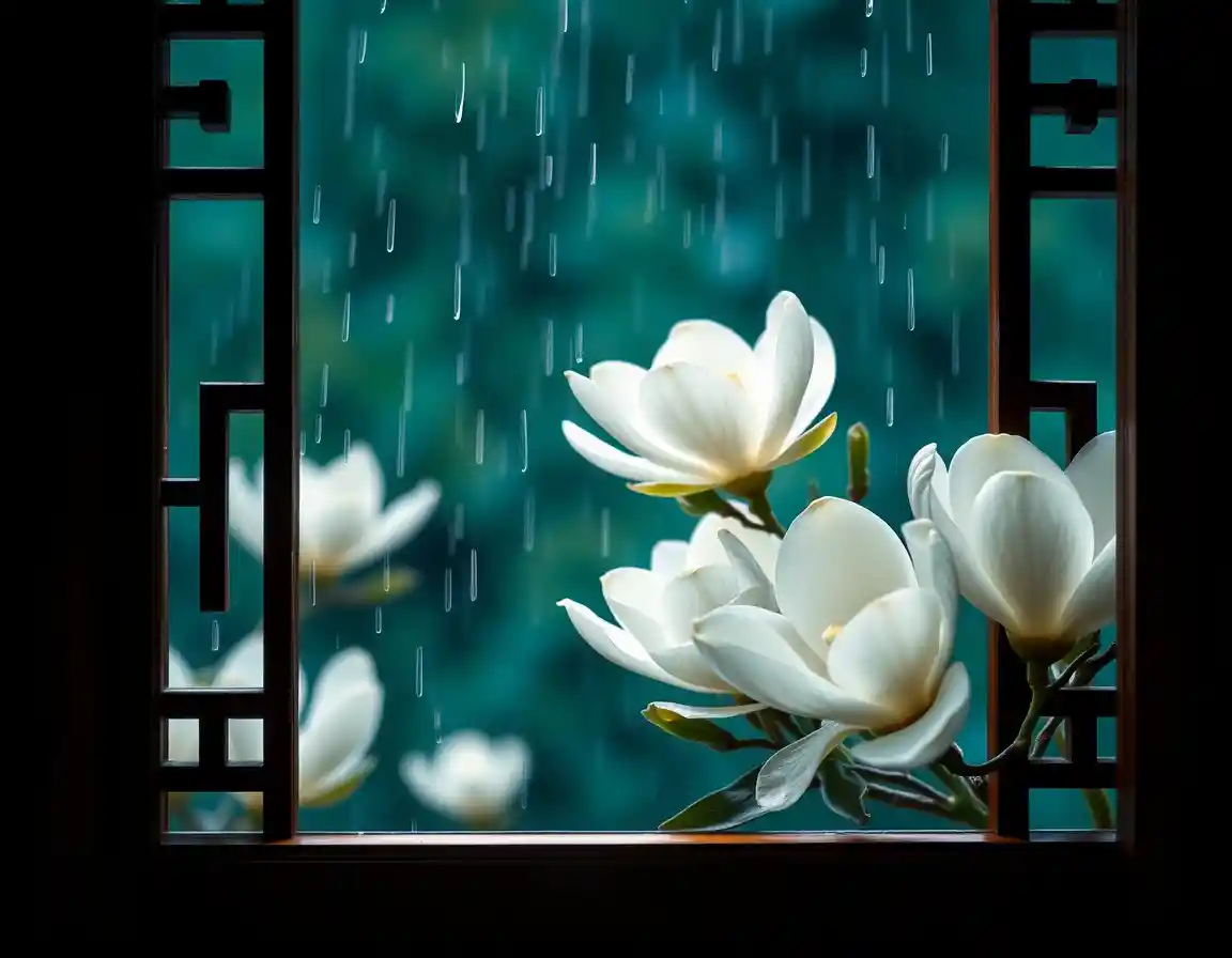 Vom Regen gewaschene Magnolien vor einem traditionellen Holzfenster