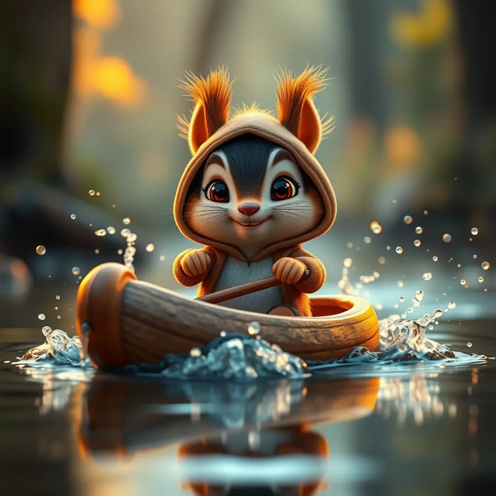 Cartoon squirrel rowing a walnut boat on forest stream