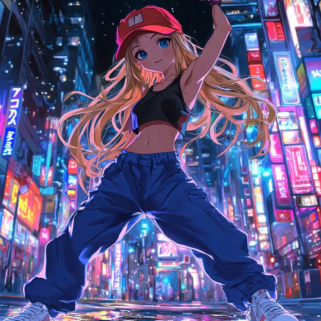 Anime girl dancing on neon city street at night