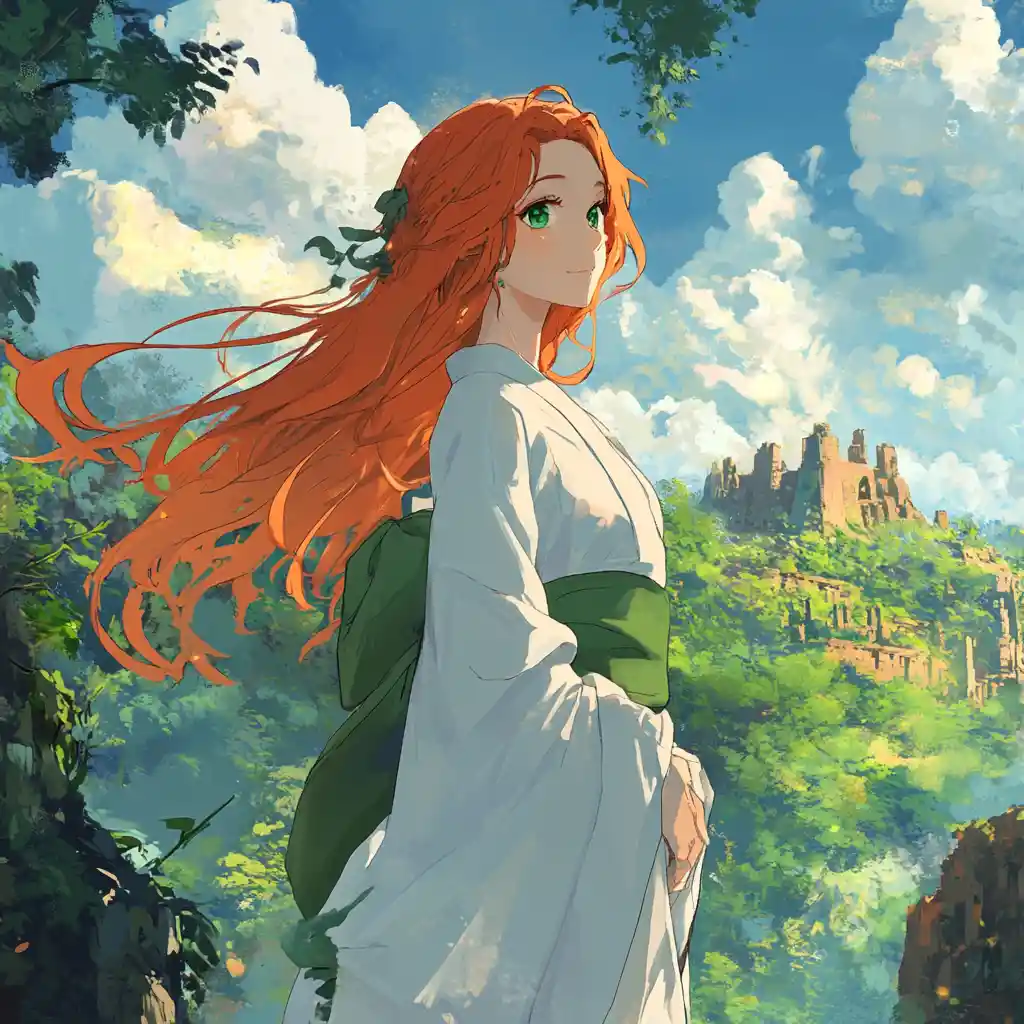 Anime redhead in white kimono in ancient forest ruins