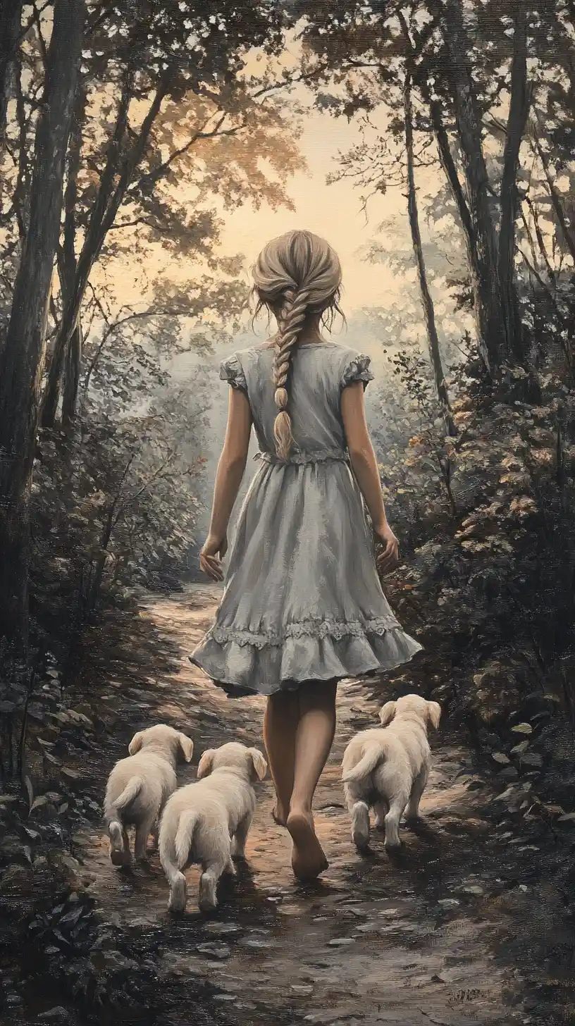 Girl Walking Barefoot With Puppies On A Forest Path