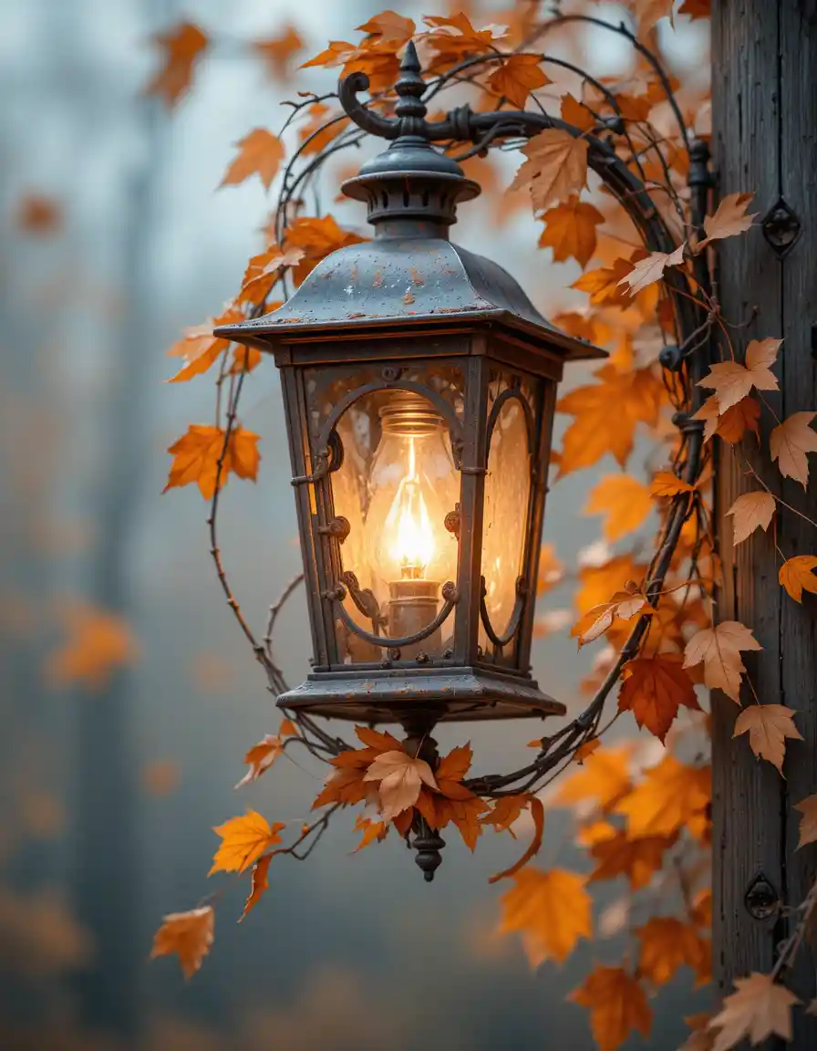 Antique lantern glowing on a weathered wooden post