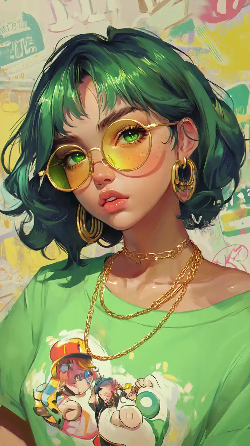 Anime girl portrait with lime green shirt and doodle background