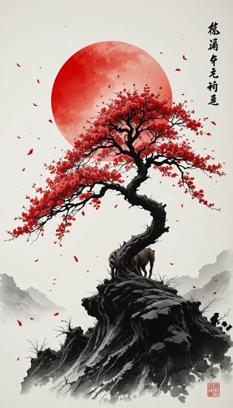 Ink tiger and cherry tree beneath a crimson sun