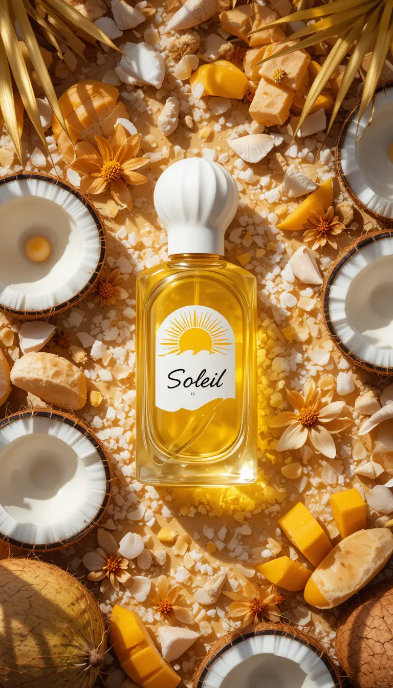 Summer perfume flat lay with tropical fruit and shells