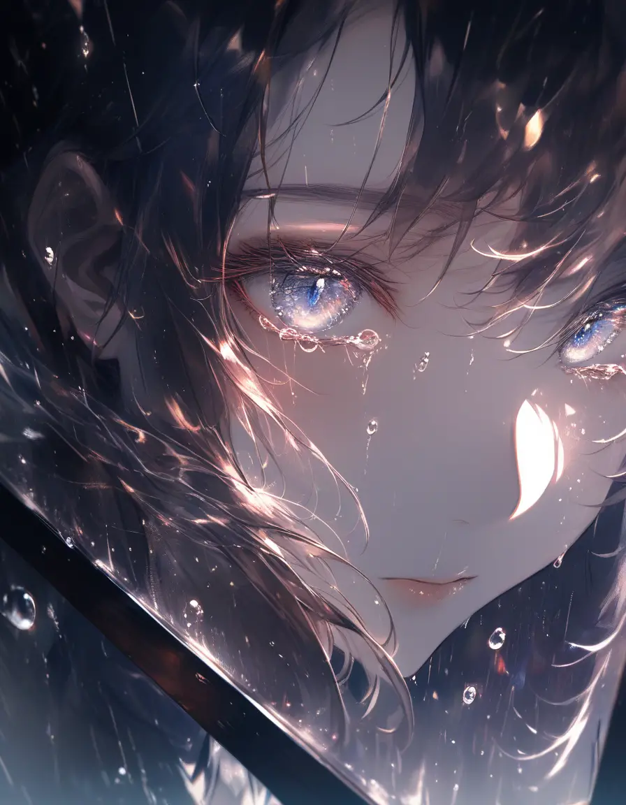 Close up portrait of a young woman behind rainy glass