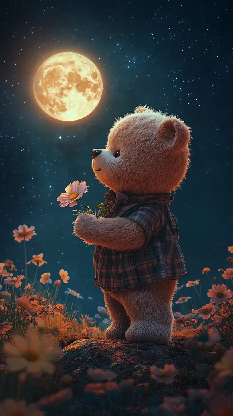 Cute teddy bear on a flower hill under glowing moon