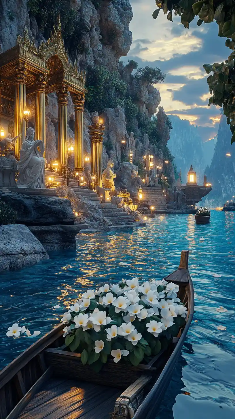 Ancient temple canal at dusk seen from a wooden boat