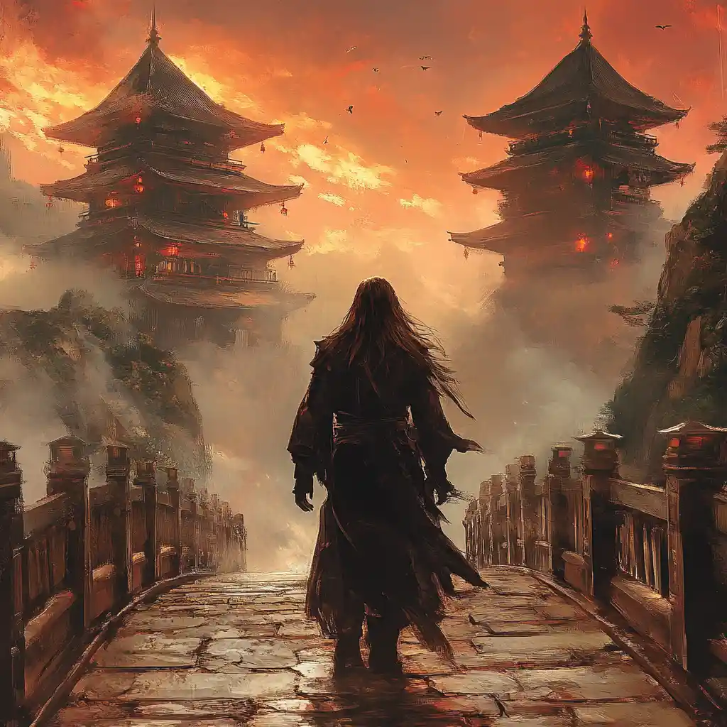 Mystical warrior woman on bridge between ancient pagodas
