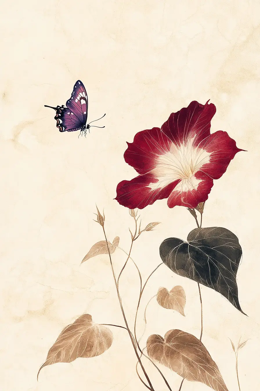 Delicate ink painting of a red flower and butterfly