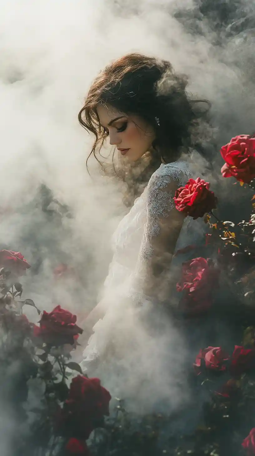 Woman emerging from living mist in a ghostly rose garden