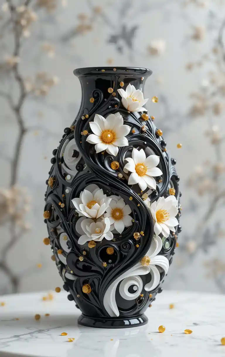 Ornate abstract black and white floral yin yang sculpture