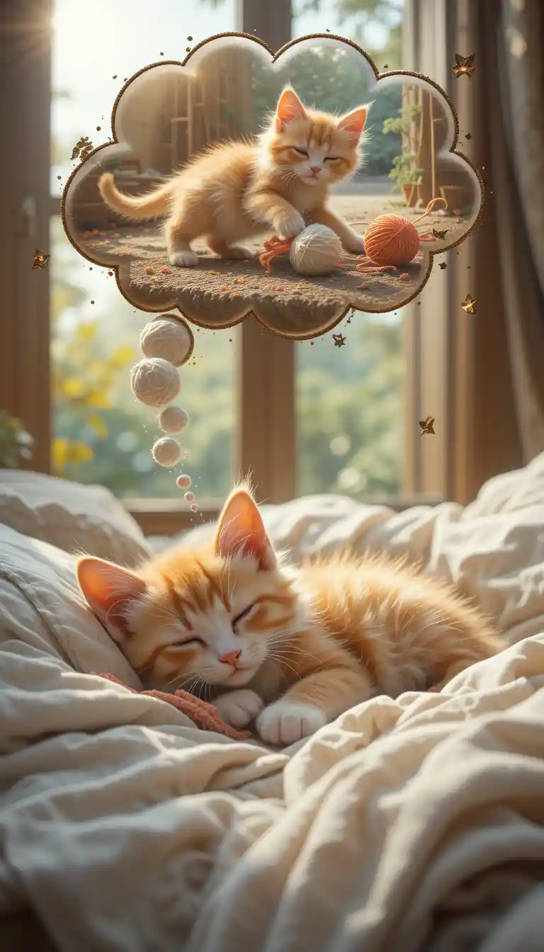 Gattino arancione che dorme serenamente su un letto accogliente