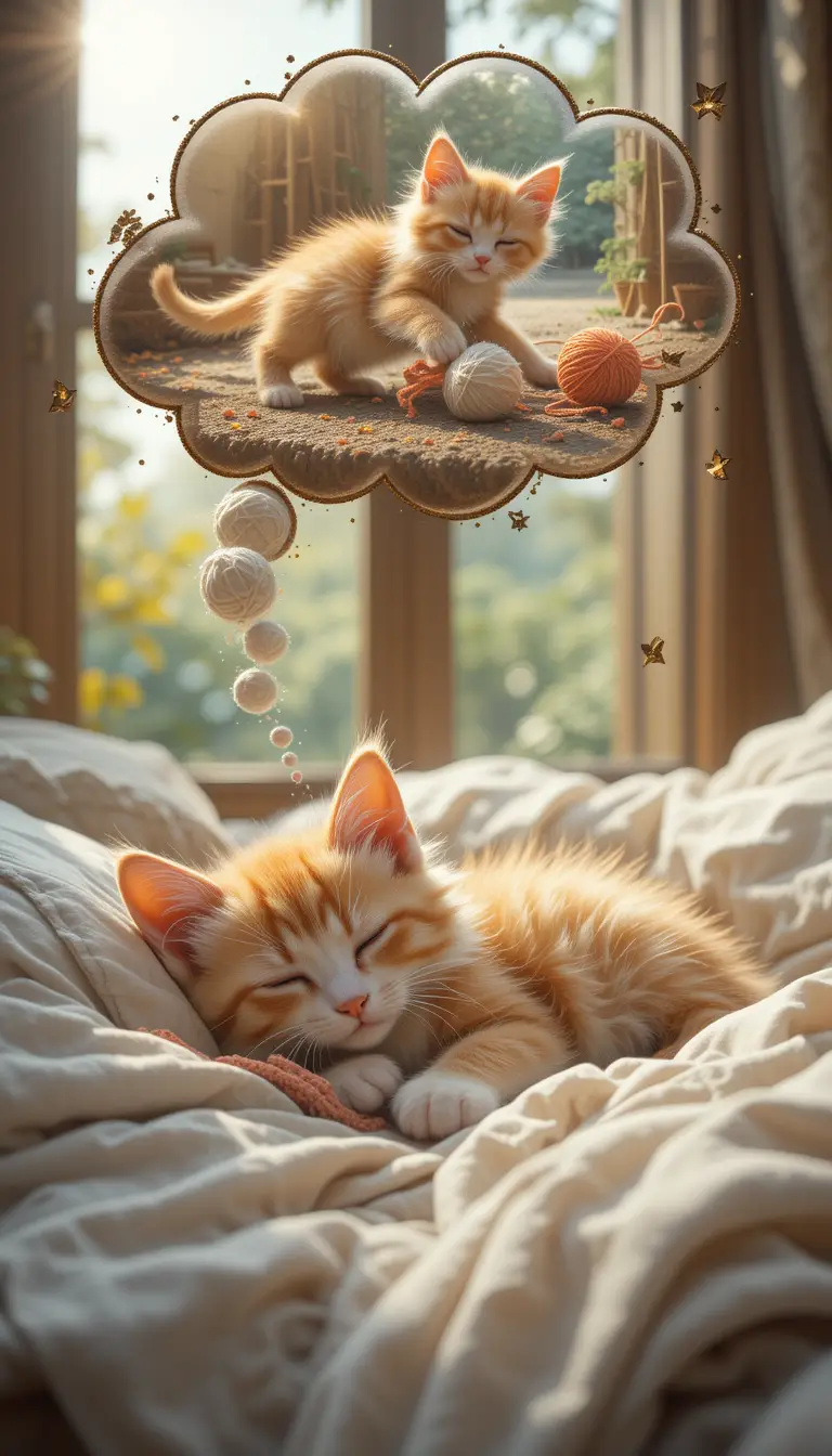 Orange kitten sleeping peacefully on a cozy bed