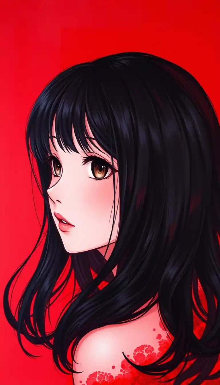 Anime woman with black hair in red acrylic portrait