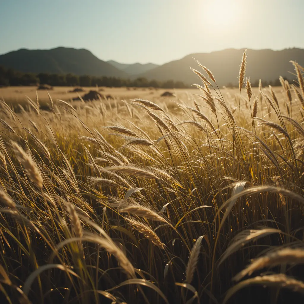 Sunlit field of tall grass gently moving in the wind
