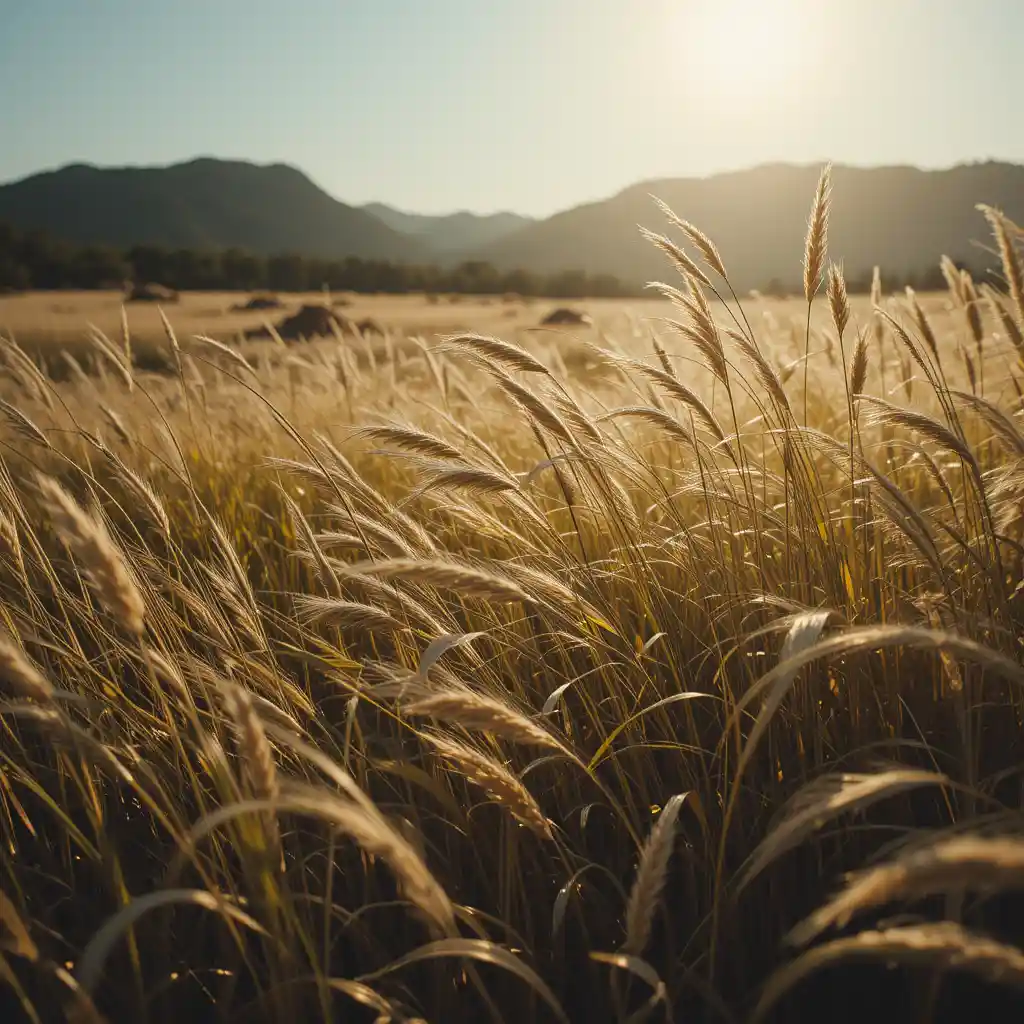 Sunlit field of tall grass gently moving in the wind