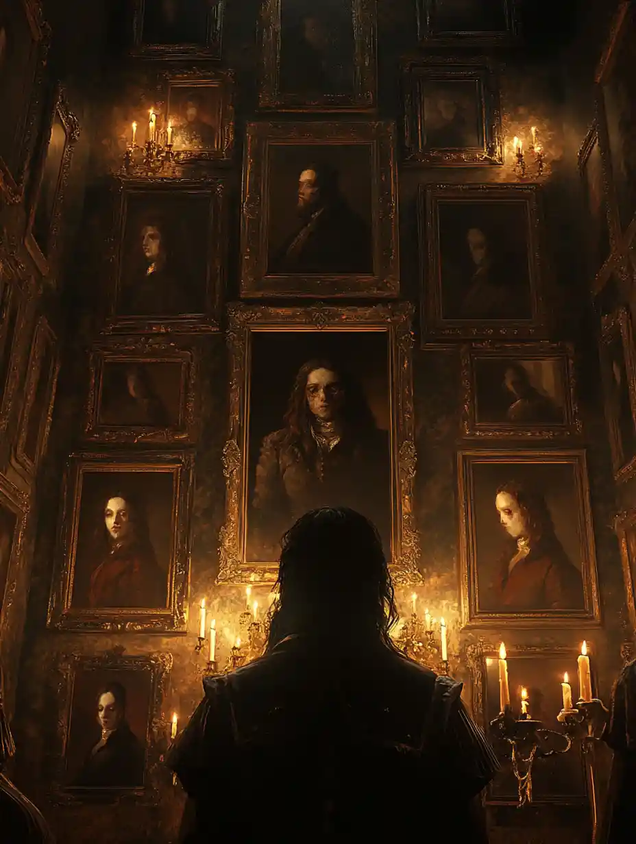 Candlelit chamber with romantic oil portraits on the walls