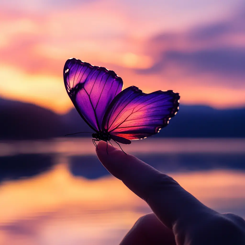 Purple butterfly resting on a finger at sunset lake