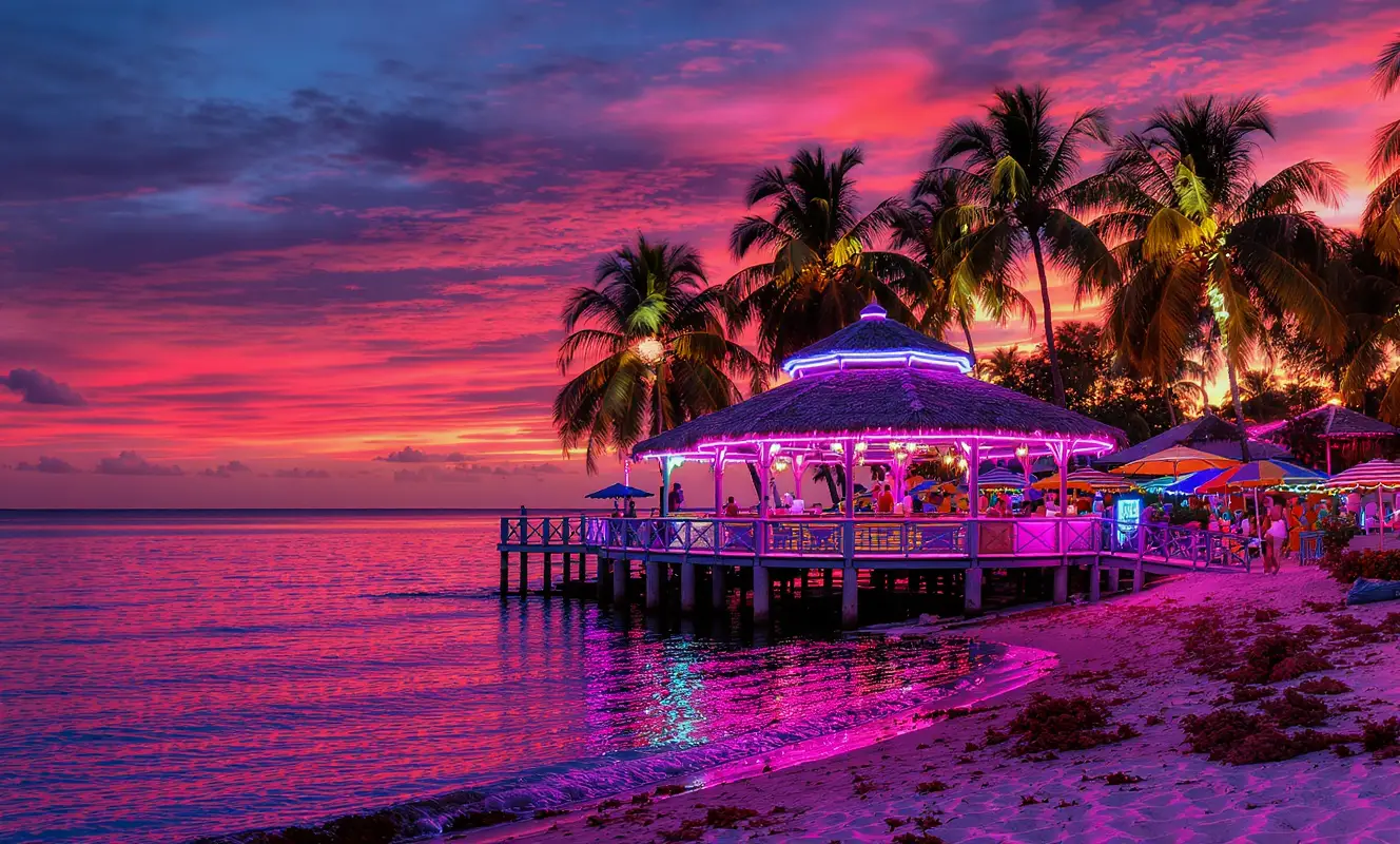 Tropical beach bar with neon lights at sunset